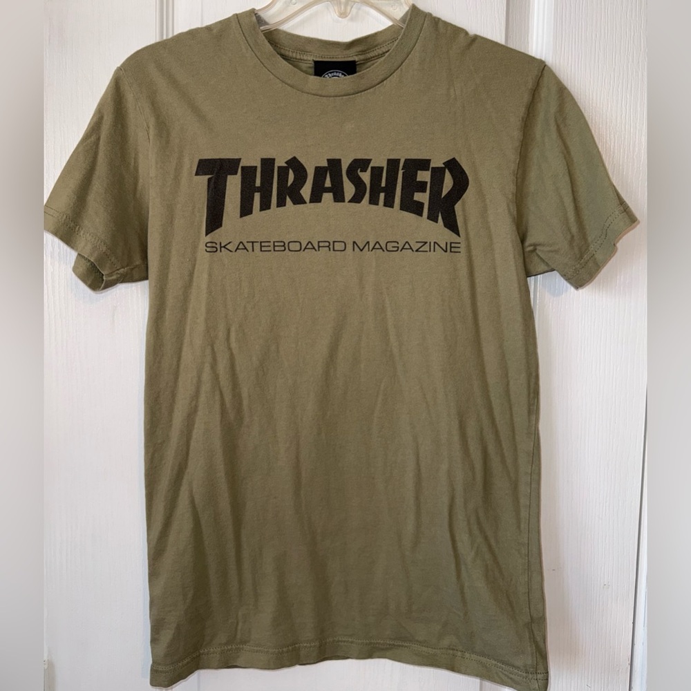 Thrasher Skateboard Magazine Logo T Shirt Olive Green Size XS
